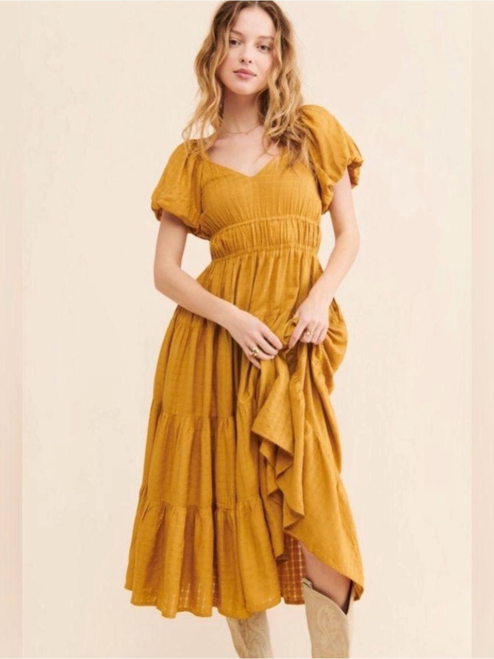 Cleobella Mustard Puff Sleeve Tiered Midi Dress - Women’s size Small